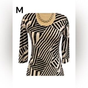 LANA SPORT Petite🇨🇦 Top Sz Medium Black & White Urban Geo Stripes 3/4 Sleeves